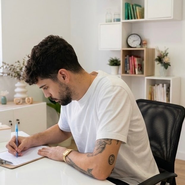Juan Tortosa tomando notas en su consulta de psicología